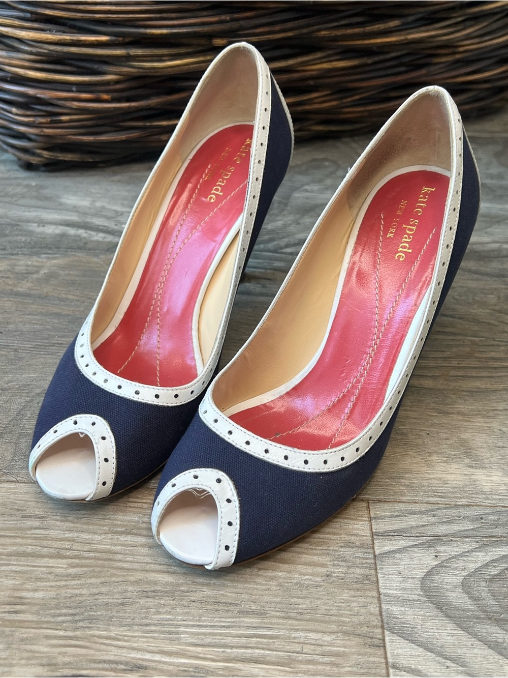 kate spade Navy and White Peep-Toe Pumps with Pink Insole